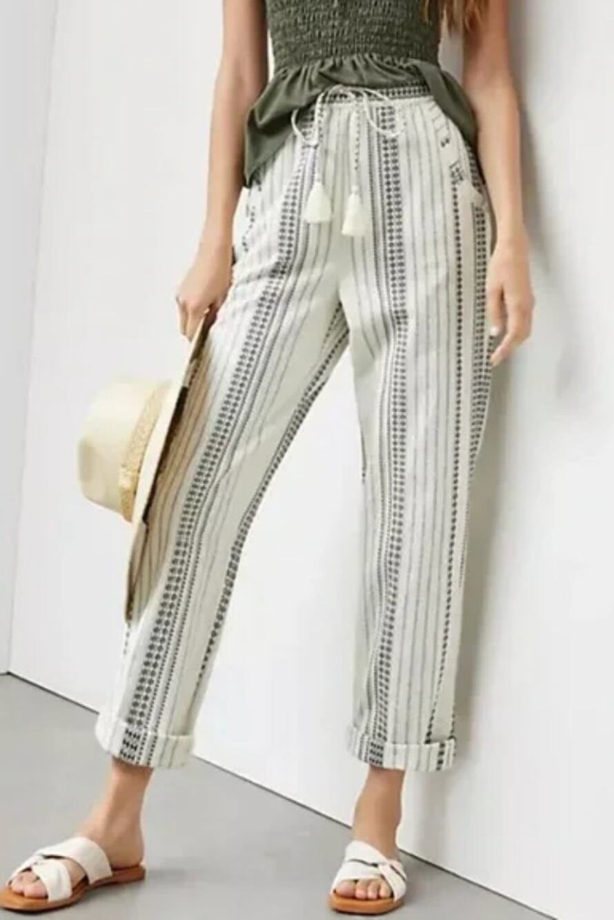 Anthropologie Beach Trousers White Embroidered Striped Pants Size Small